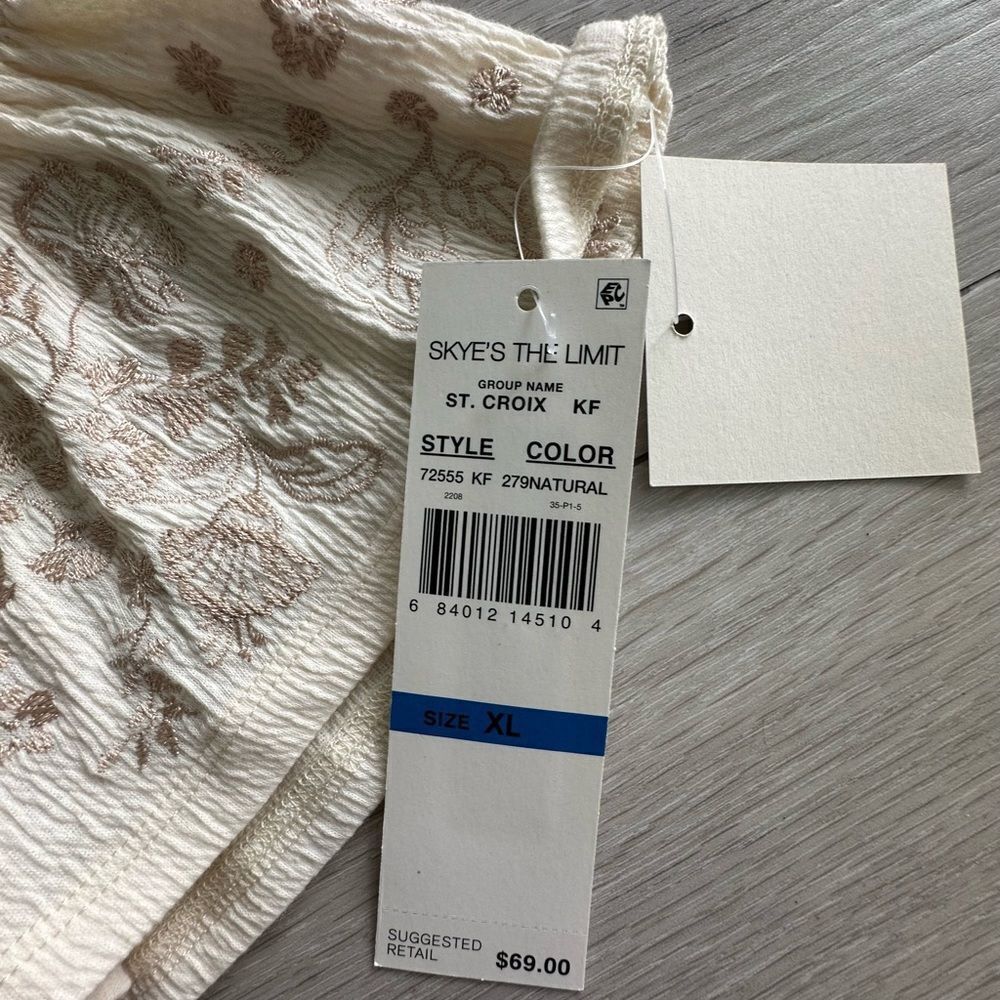 Skye’s the Limit St. Croix Crinkle Embroidered Blouse Natural XL NWT IN PACKAGE - Picture 6 of 7